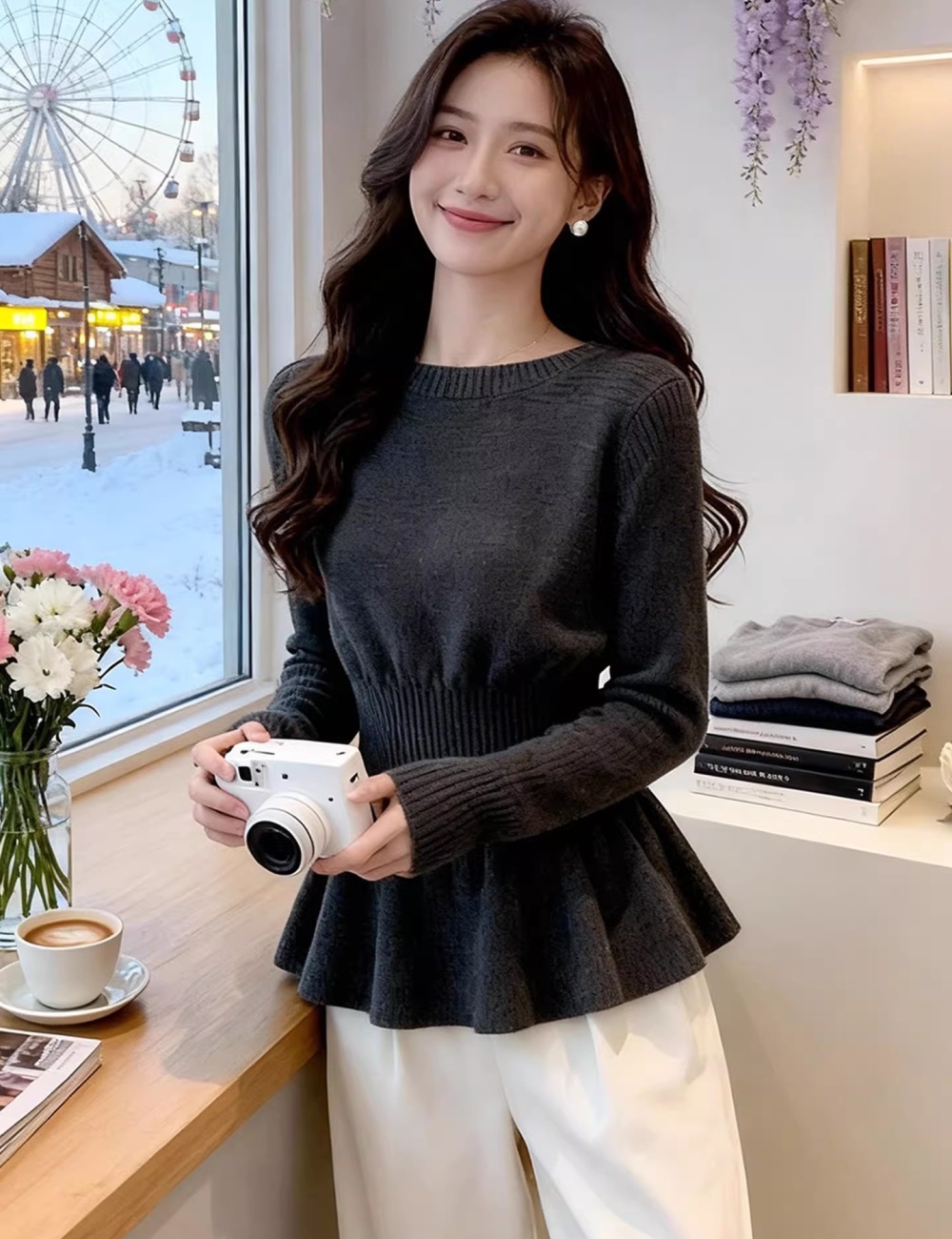 Pinched waist tops bottoming shirt for women