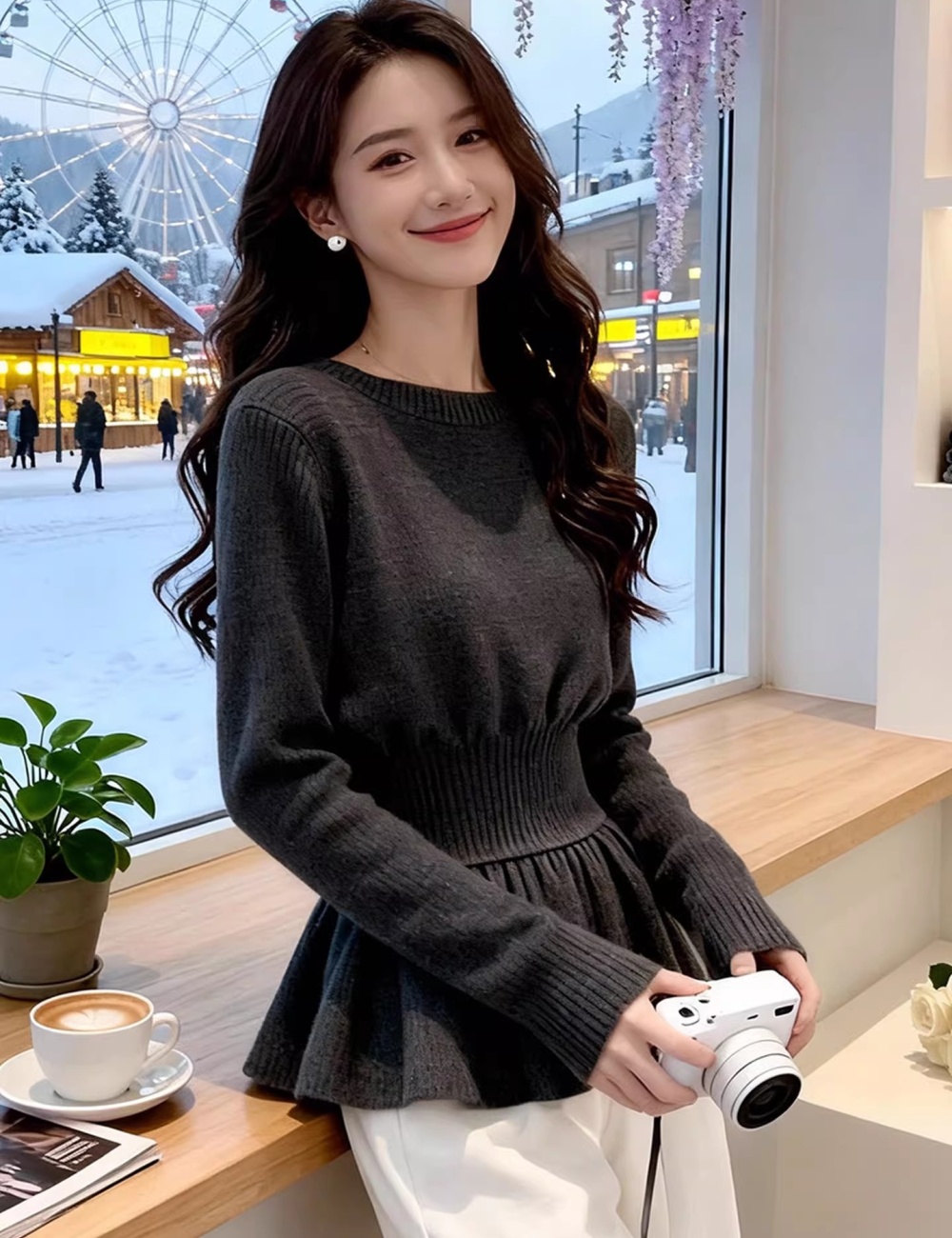 Pinched waist tops bottoming shirt for women