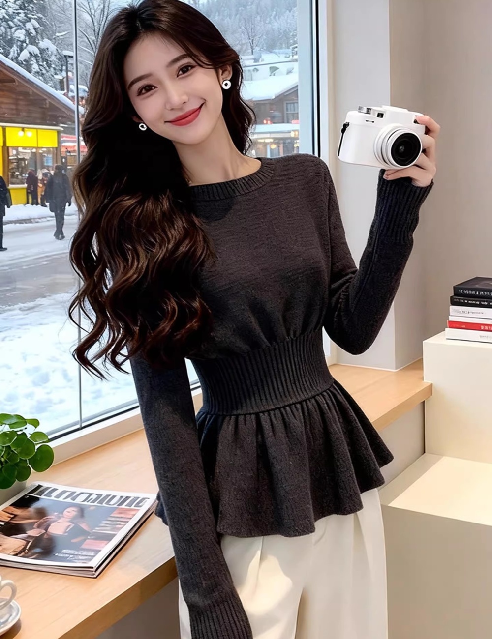 Pinched waist tops bottoming shirt for women