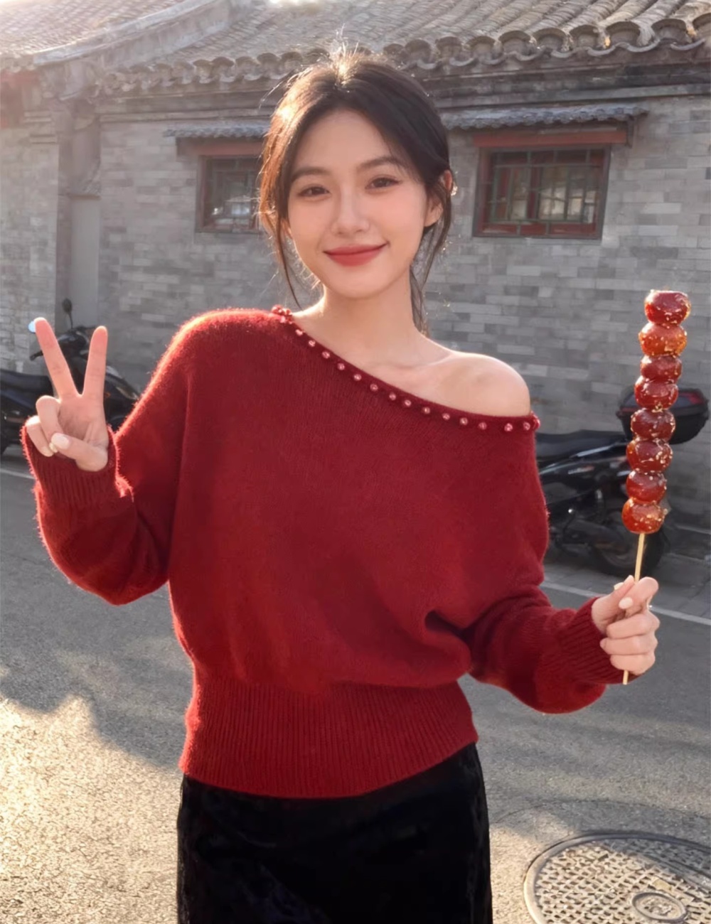 Sloping shoulder sweater France style tops for women