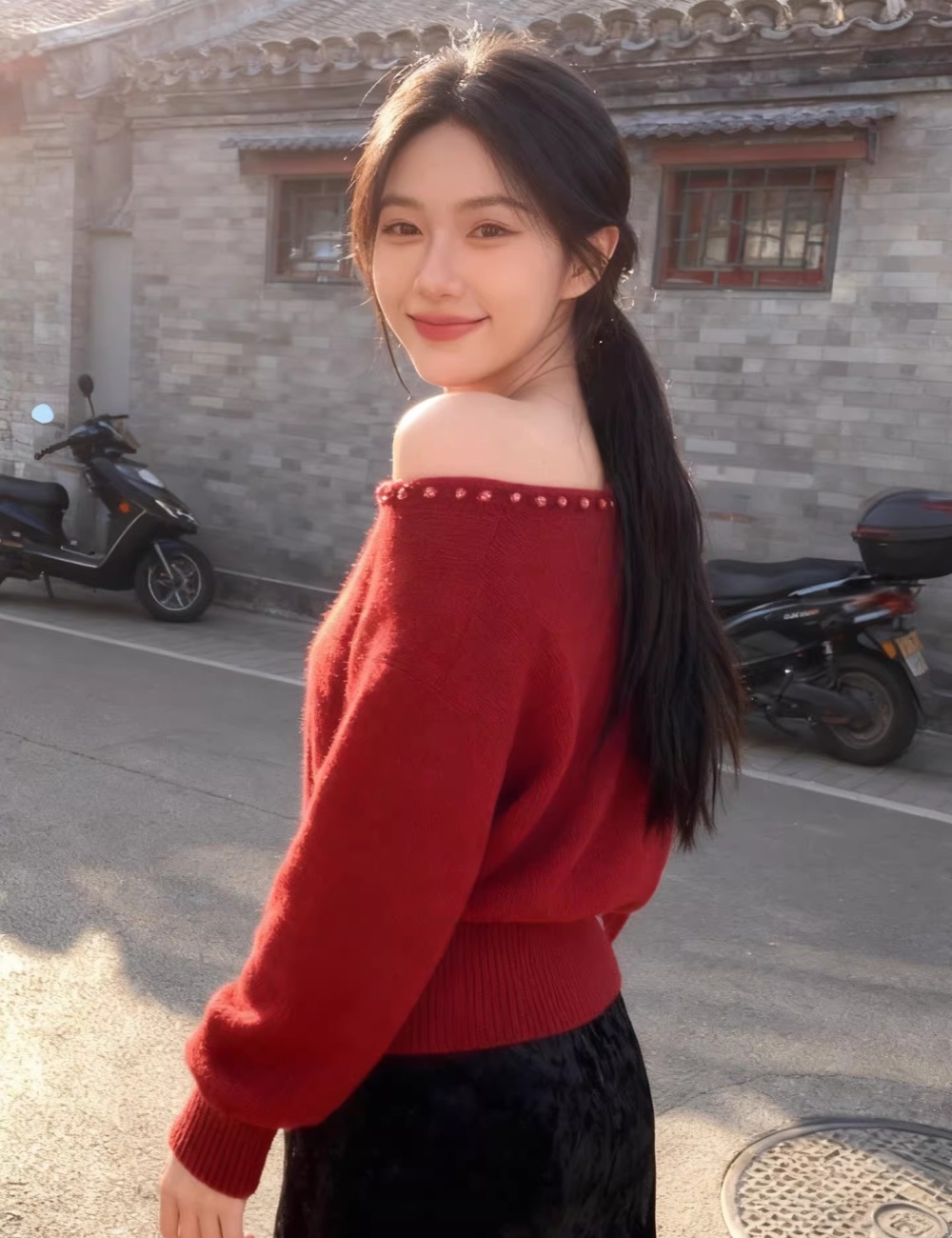 Sloping shoulder sweater France style tops for women