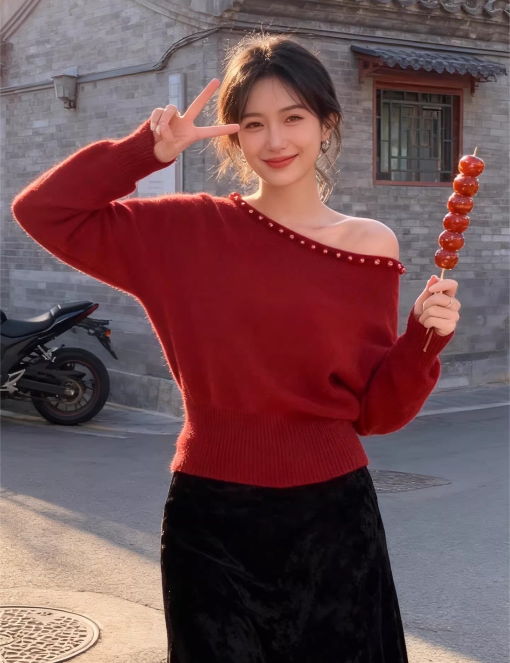 Sloping shoulder sweater France style tops for women