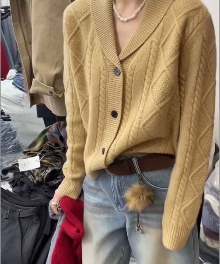 Korean style buckle cardigan V-neck pure sweater for women