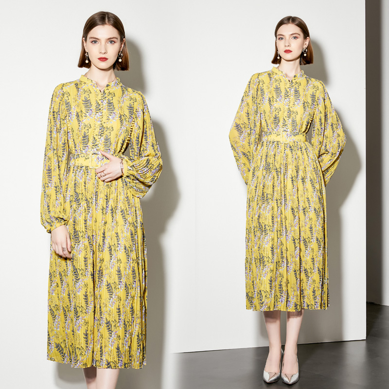 Lantern sleeve spring dress pleated belt