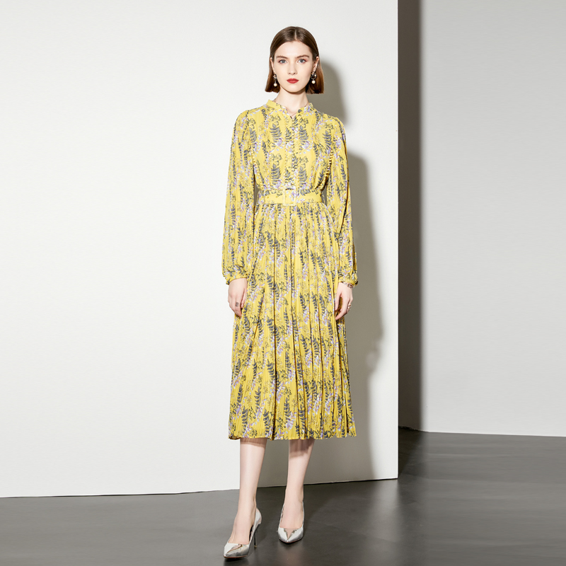 Lantern sleeve spring dress pleated belt