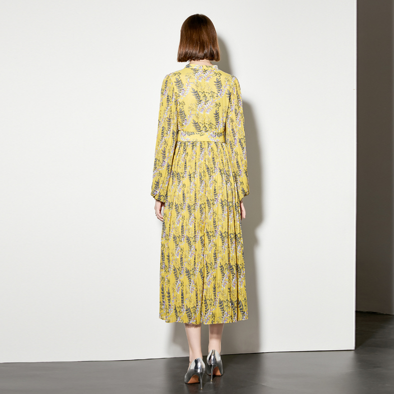 Lantern sleeve spring dress pleated belt