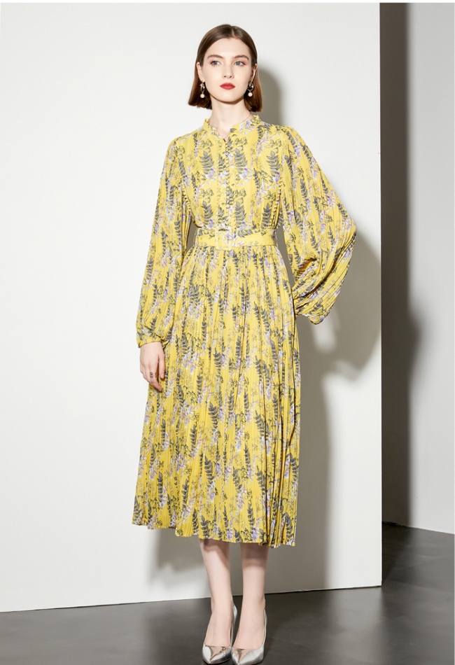 Lantern sleeve spring dress pleated belt