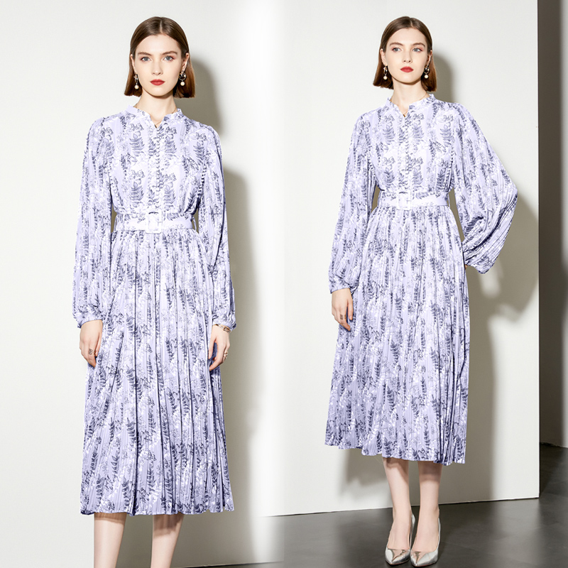 Pleated lantern sleeve belt spring dress