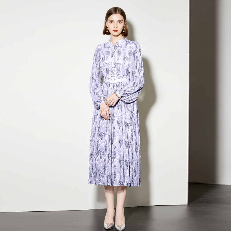 Pleated lantern sleeve belt spring dress