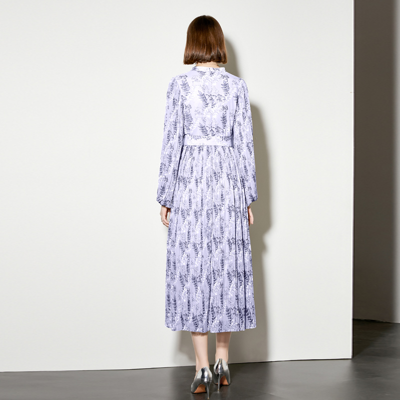 Pleated lantern sleeve belt spring dress