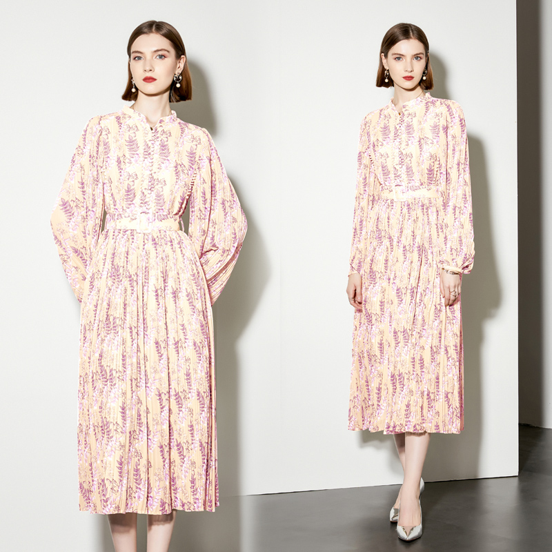 Pleated spring dress lantern sleeve belt for women