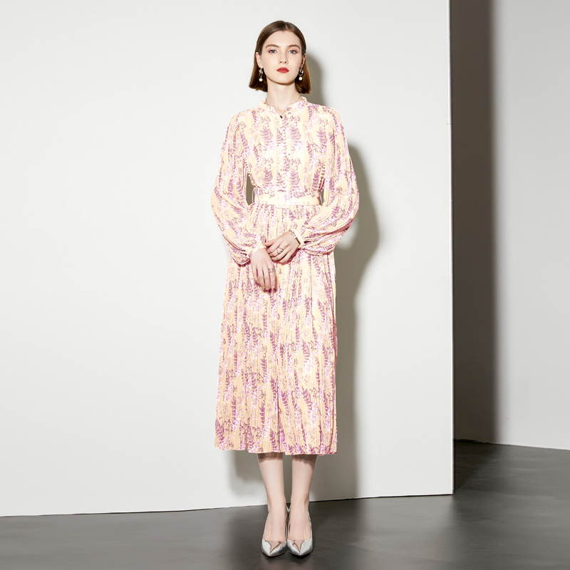 Pleated spring dress lantern sleeve belt for women