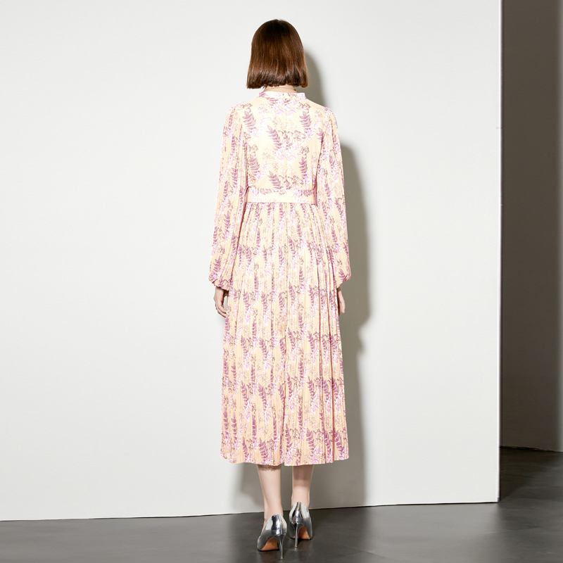 Pleated spring dress lantern sleeve belt for women