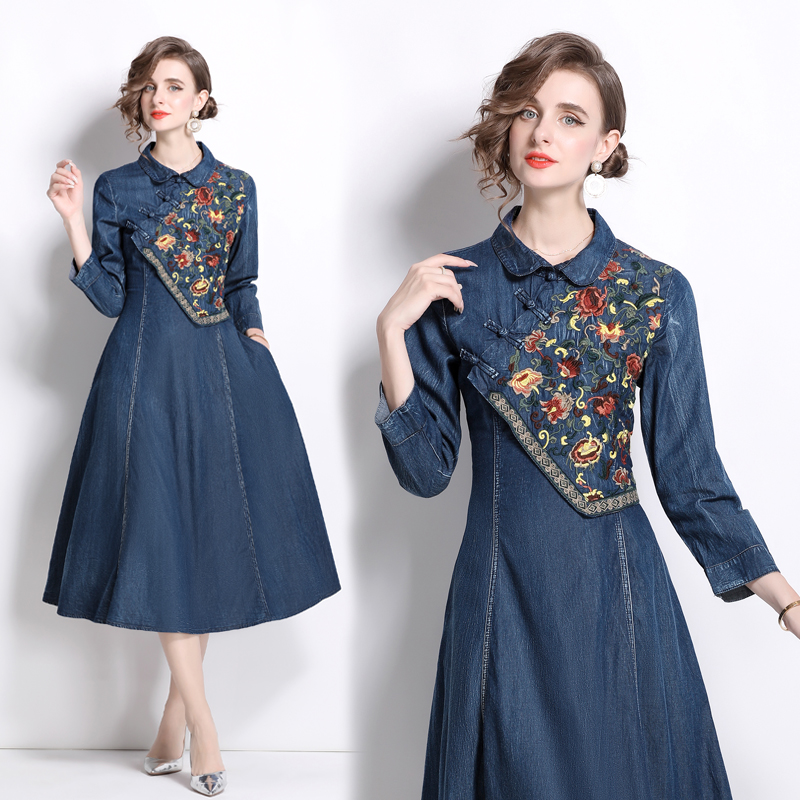 Retro big skirt dress long sleeve A-line cheongsam for women