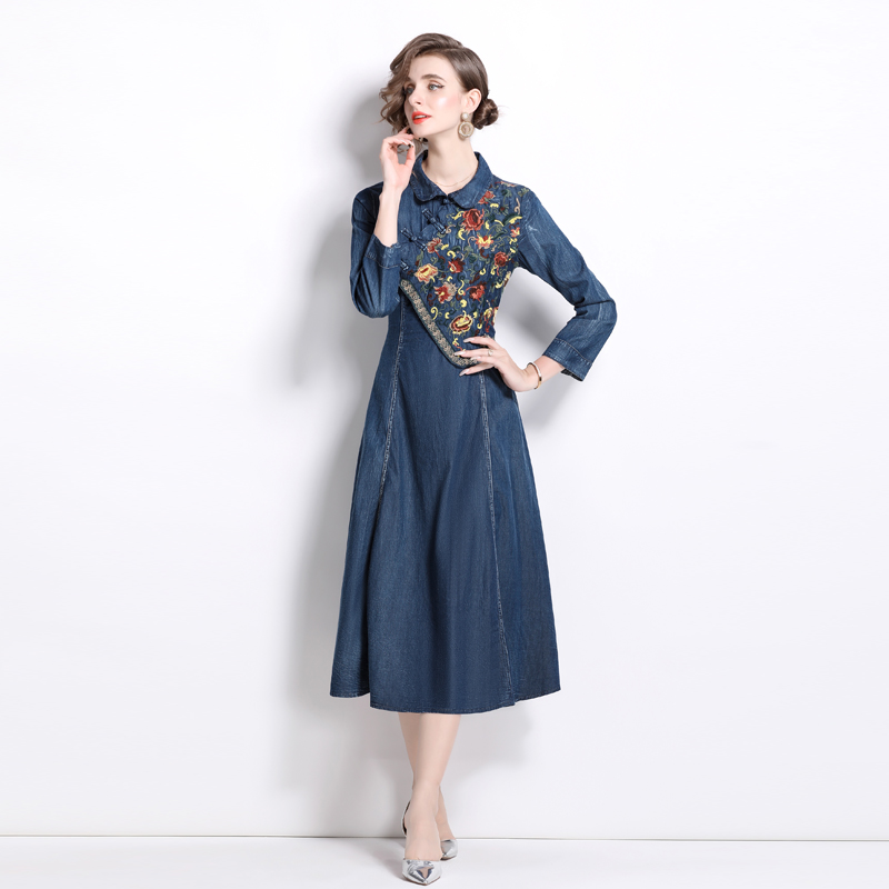 Retro big skirt dress long sleeve A-line cheongsam for women
