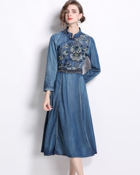 Denim embroidery cheongsam spring dress for women