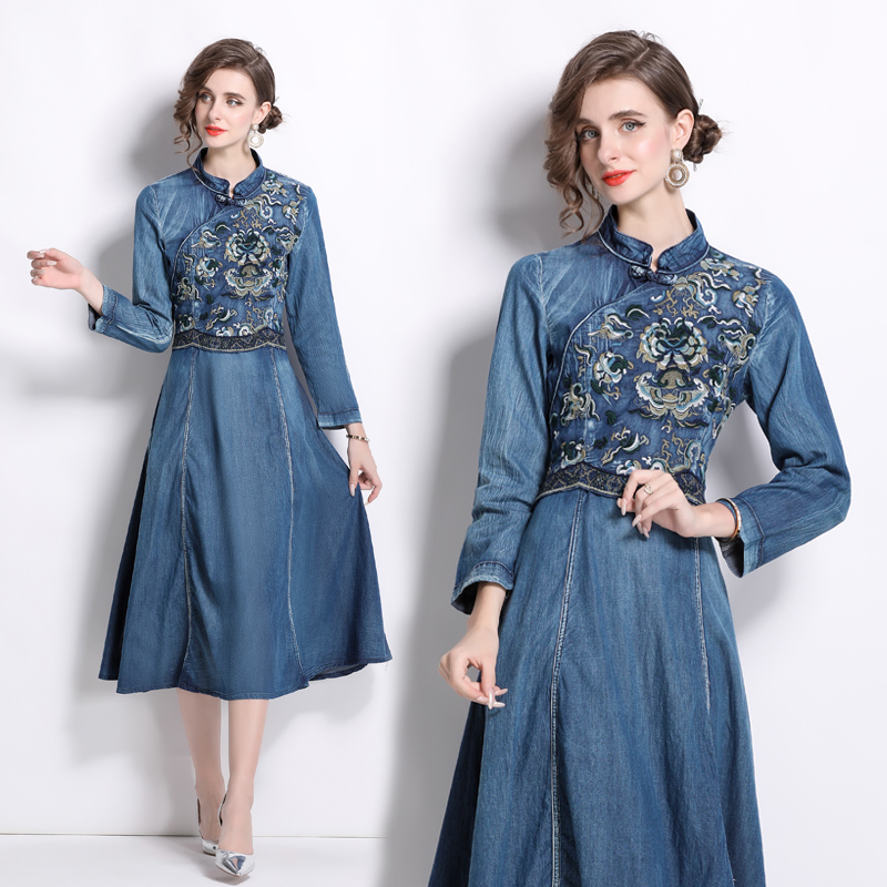 Denim embroidery cheongsam spring dress for women