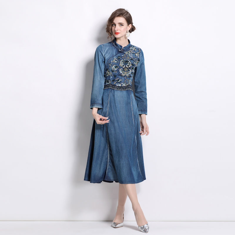 Denim embroidery cheongsam spring dress for women