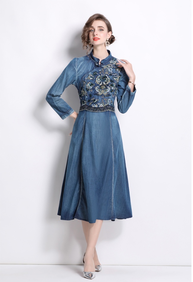 Denim embroidery cheongsam spring dress for women