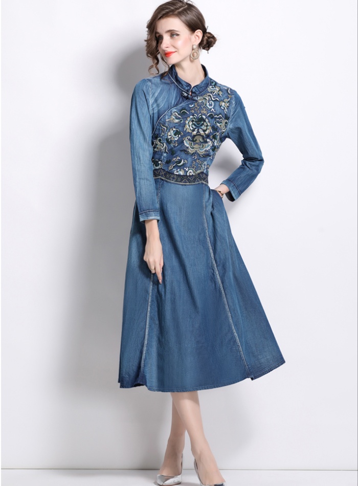 Denim embroidery cheongsam spring dress for women