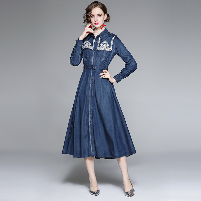 Embroidery spring long dress slim retro dress for women