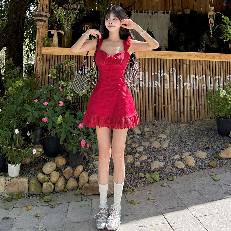 France style summer dress temperament red T-back for women