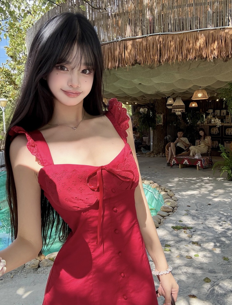 France style summer dress temperament red T-back for women