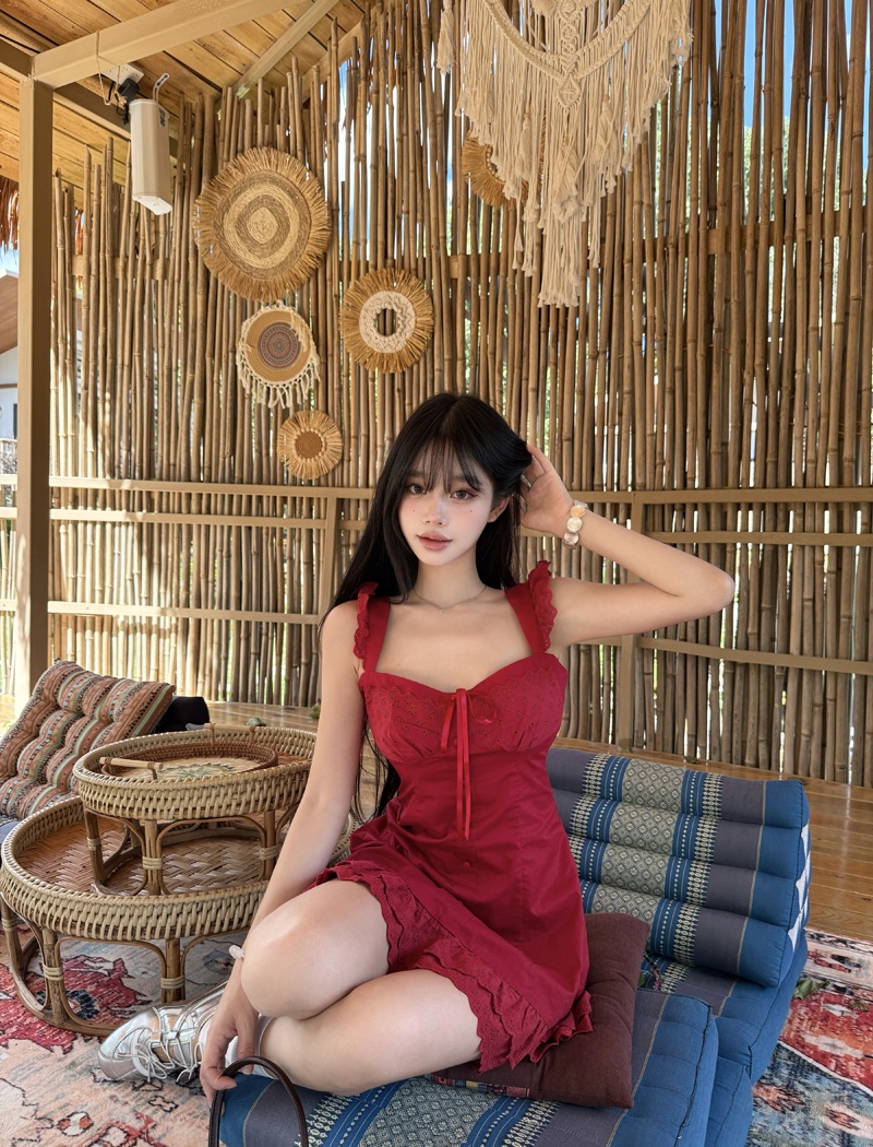 France style summer dress temperament red T-back for women