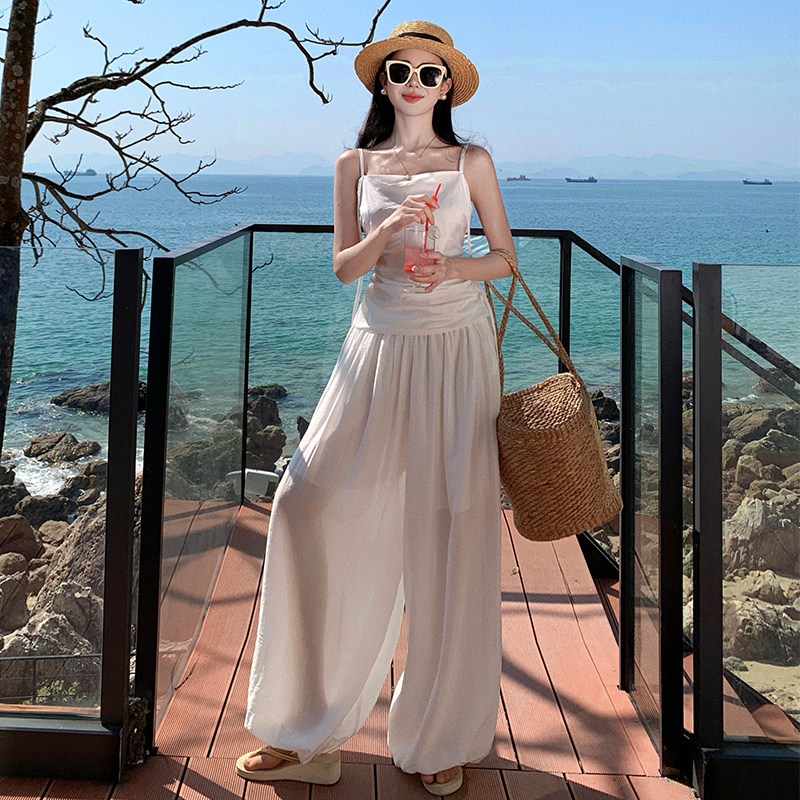 Sling tops wrapped chest wide leg pants 2pcs set