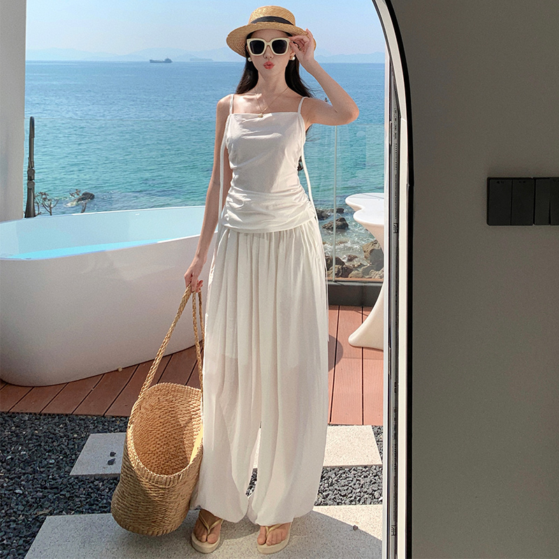 Sling tops wrapped chest wide leg pants 2pcs set