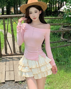 Cake apricot long sleeve skirt spicegirl split tops 2pcs set