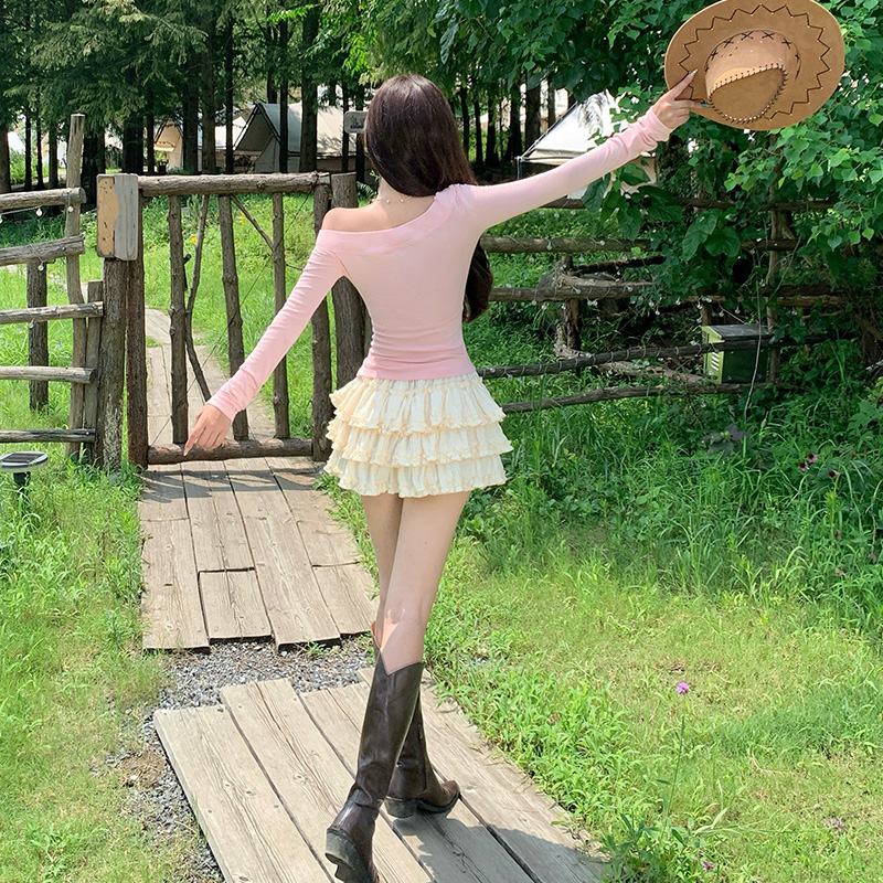 Cake apricot long sleeve skirt spicegirl split tops 2pcs set