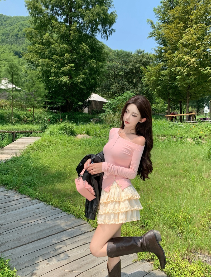 Cake apricot long sleeve skirt spicegirl split tops 2pcs set