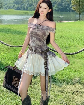 Printing apricot skirt flat shoulder tops a set