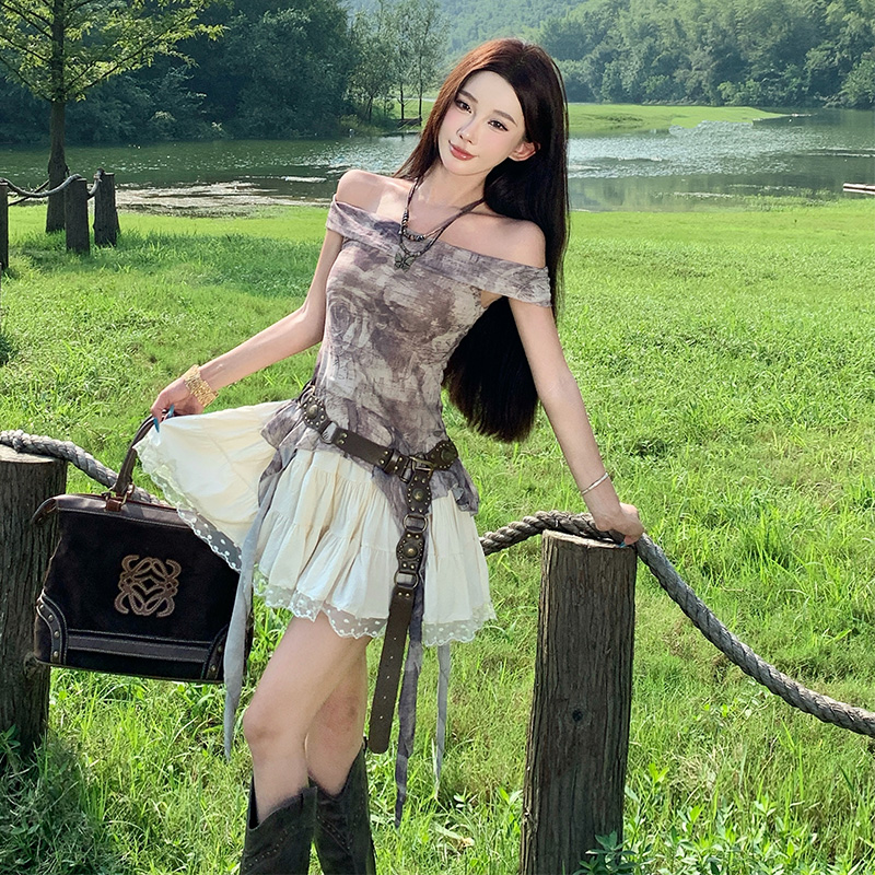 Printing apricot skirt flat shoulder tops a set