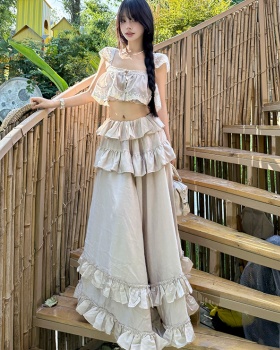 Vacation strap dress lotus leaf edges skirt 2pcs set