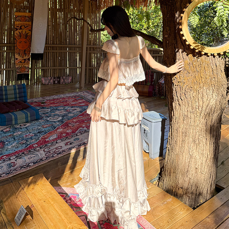 Vacation strap dress lotus leaf edges skirt 2pcs set