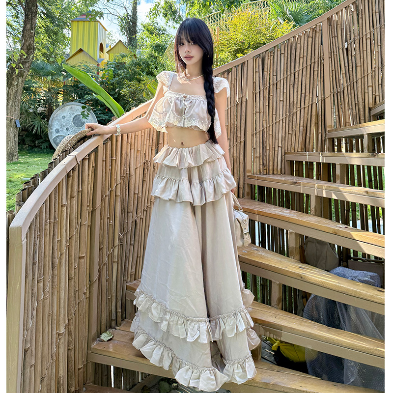 Vacation strap dress lotus leaf edges skirt 2pcs set