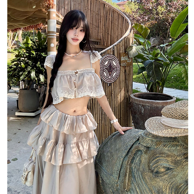 Vacation strap dress lotus leaf edges skirt 2pcs set