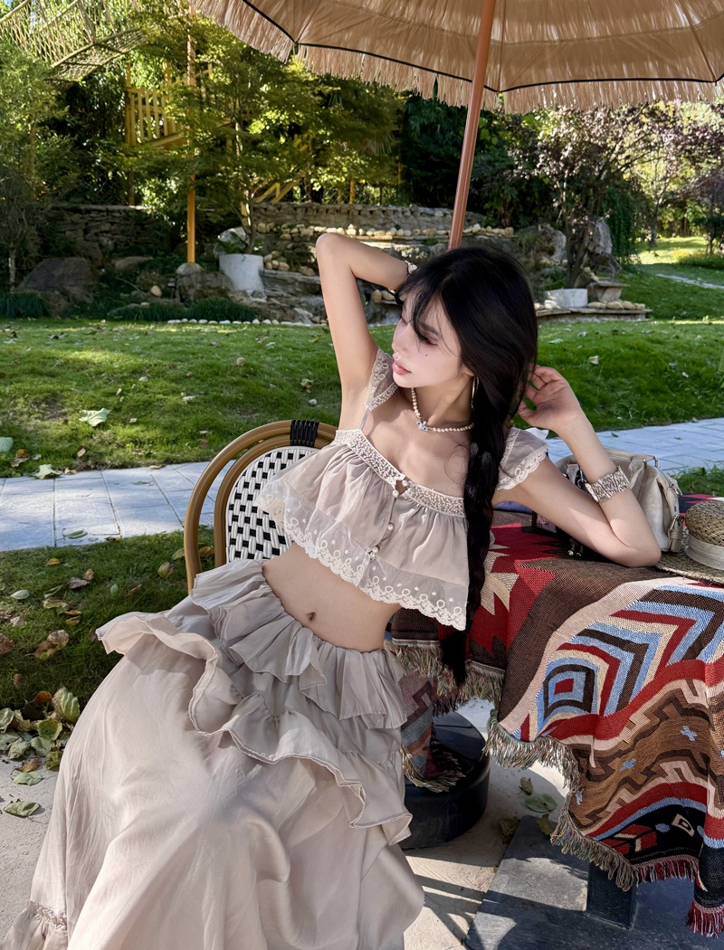 Vacation strap dress lotus leaf edges skirt 2pcs set