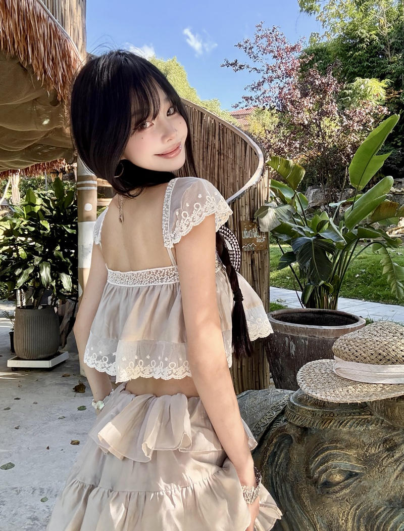 Vacation strap dress lotus leaf edges skirt 2pcs set