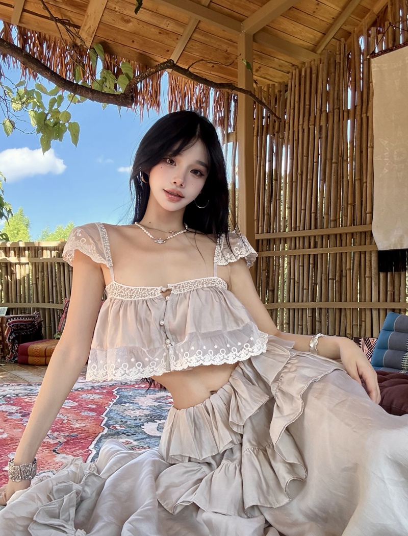 Vacation strap dress lotus leaf edges skirt 2pcs set