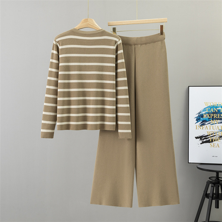 Stripe tops wide leg pants 2pcs set for women