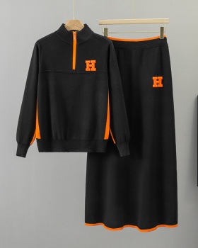 Half zip skirt spring sweater 2pcs set for women
