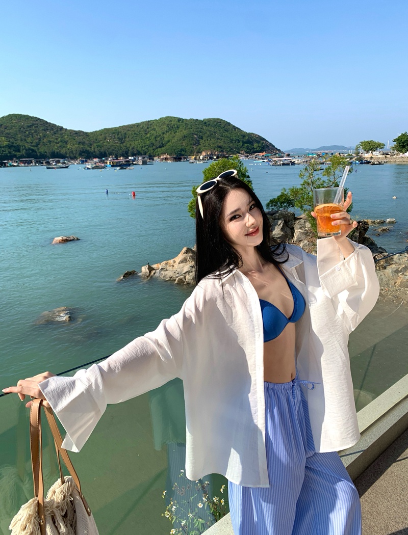 Seaside sandy beach casual pants bikini sun shirt 3pcs set