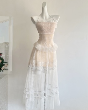 Printing halter splice jacquard long lace lady dress