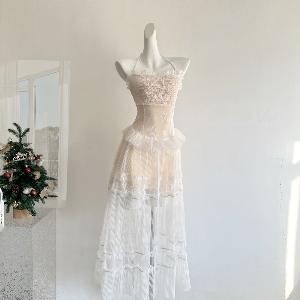 Printing halter splice jacquard long lace lady dress