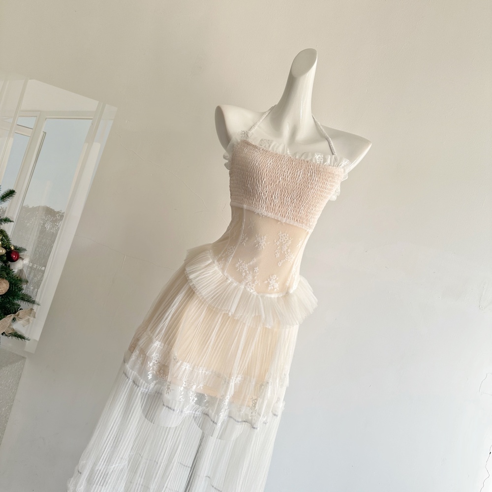 Printing halter splice jacquard long lace lady dress