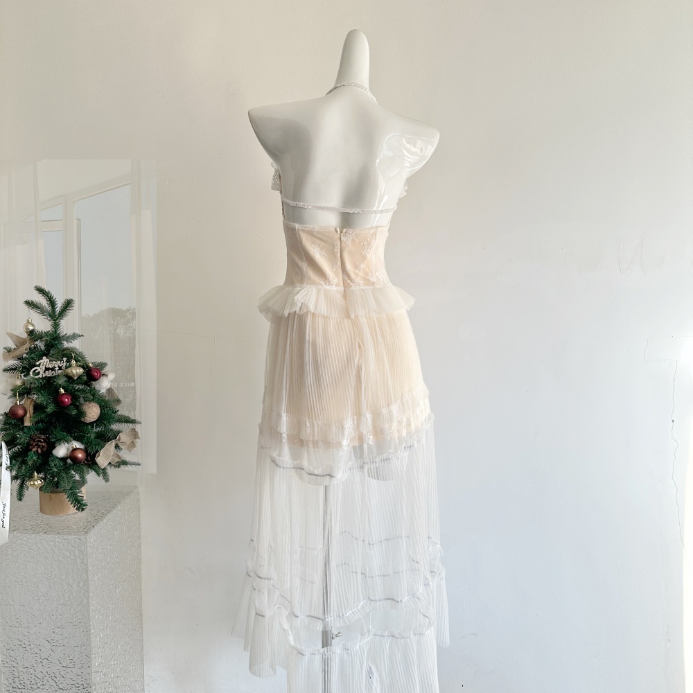 Printing halter splice jacquard long lace lady dress