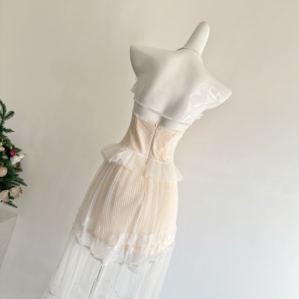 Printing halter splice jacquard long lace lady dress